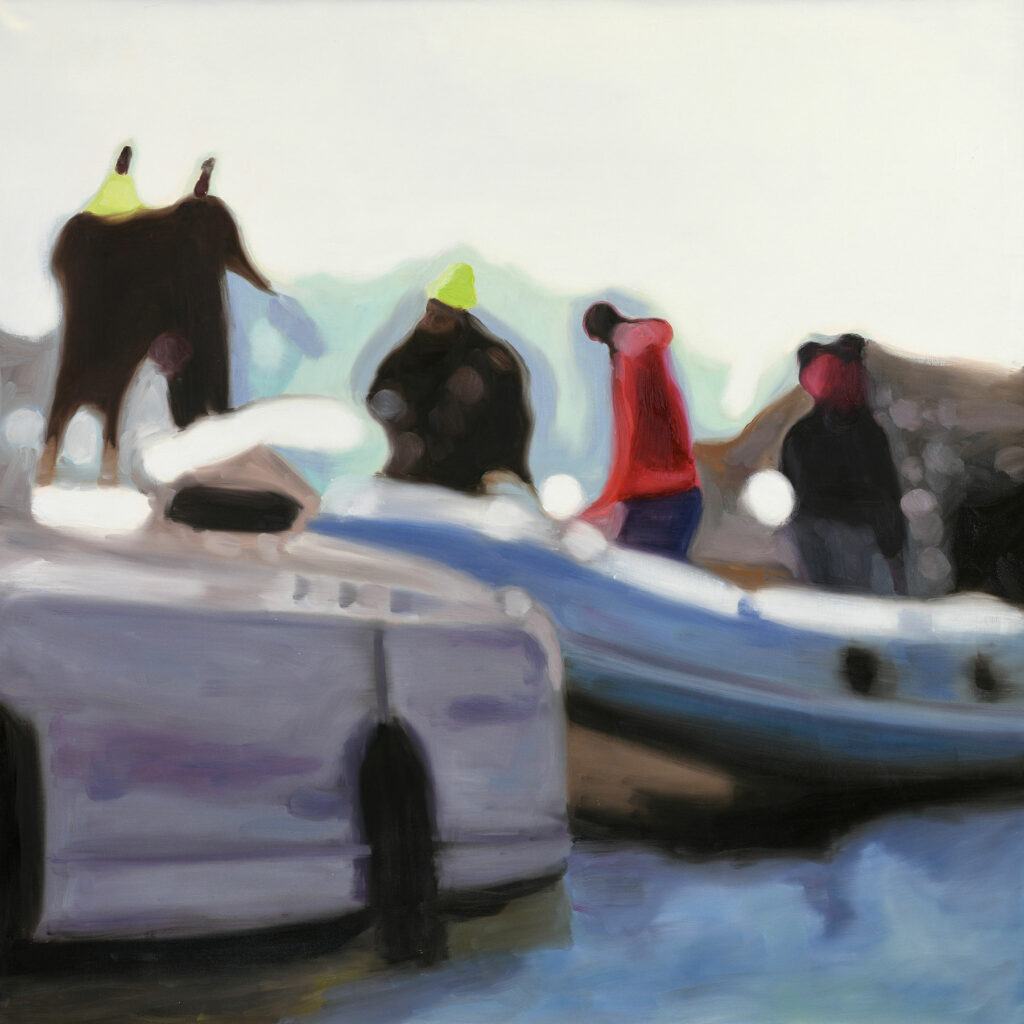 Illustration de l'exposition "Pennello Solare". On y voit des personnages en bord de mer, qui s'affairent autour d'un zodiac. Ce qui est caractéristique de l'artiste, c'est de se trouver dans une ambiance totalement solarisée. Ce sont les ombres dans les personnages et les objets qui subtilement fixent l'image dans l'oeil et la mémoire.