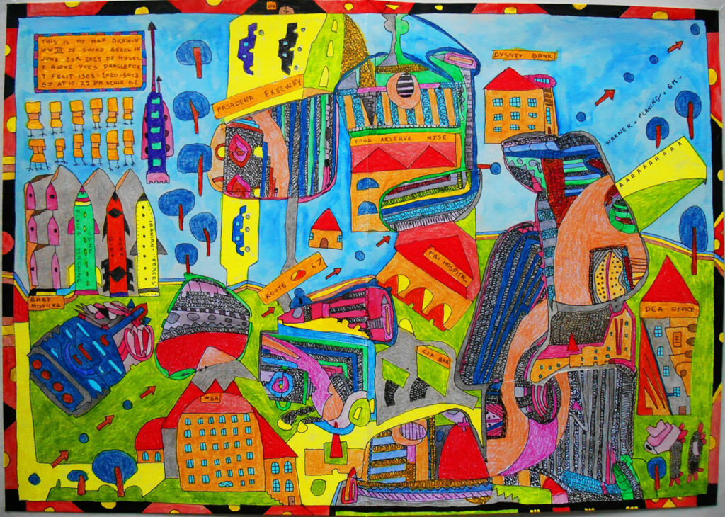 Illustration de l'exposition "D'Anglefort encore". On y voit un espace très coloré, totalement rempli de symboles, de textes, de petits personnages et de dessins au feutre indélébile, qui évoquent un entre deux entre la tablette de hiéroglyphe et le rébus.