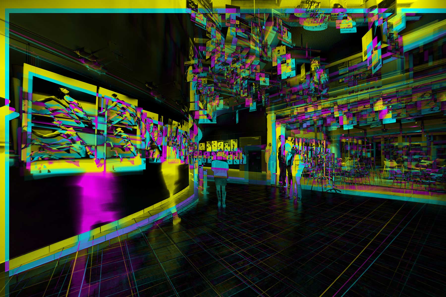 Illustration Exposition "Avoir 20 ans et commencer" et atelier. Une série de photographies à la chambre est juxtaposée pour retranscrire le déplacement et retravaillée par couches de couleurs primaires.