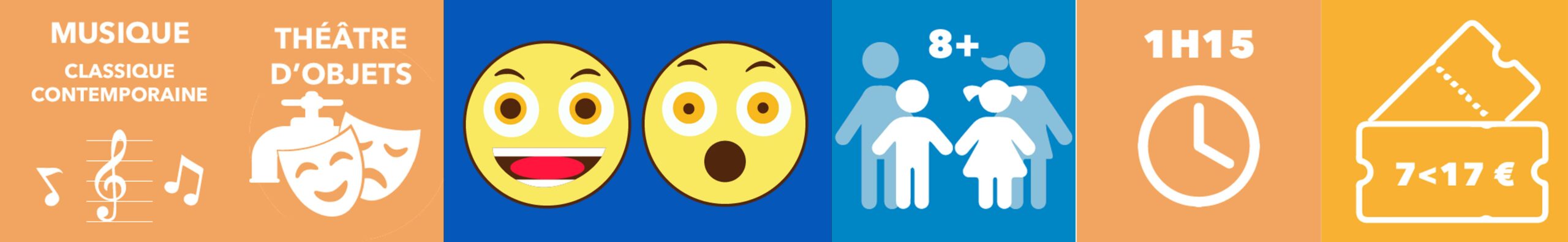 Bandeau Facile à lire et à comprendre. Le spectacle mêle le théâtre d'objets et la musique, il est joyeux et surprenant, à partir de 8 ans, il dure environ 1h15 et coute de 7 à 17€.