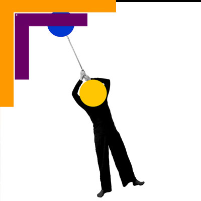 Visuel du spectacle en création "Ronron". Un bonhomme avec un ballon jaune devant la tête, semble sur le point de décoller, suspendu à un ballon bleu.