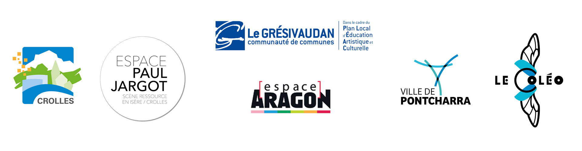 Logos des organisateurs du festival : Crolles / Espace Paul Jargot, Le Grésivaudan / Espace Aragon, Pontcharra/ Le Coléo