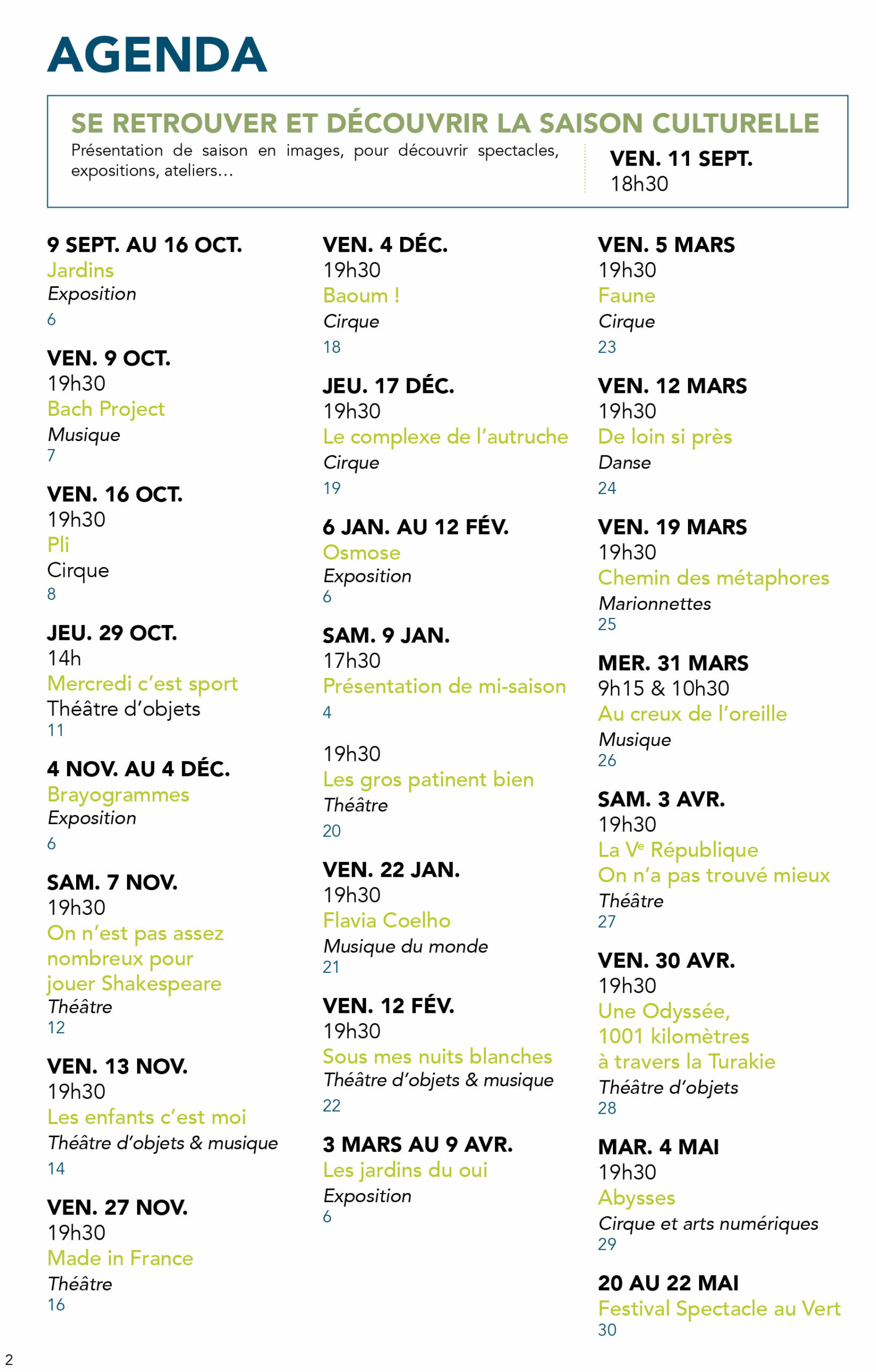 L'image reprend le calendrier des spetcales et expositions de la saison culturelle.