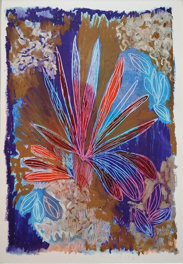 Sur ce pastel, une grande palme colorée occupe le centre, devant un fond minéral, ou alors de mousse desséchée. Autour, quelques feuilles comme des feuilles de misère. L'atmosphère est très méditerranéenne.