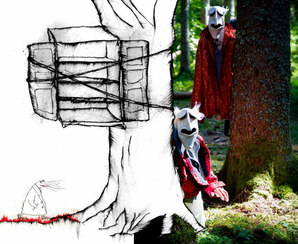 Le visuem est un composite d'un dessin à l'encre et d'une photographie. On y voit au dessin un arbre sur lequel est arrimé une armoire. En photo dans la forêt, 2 personnages portant un masque souple typique du style Turak, traits anguleux et géométriques, face pâle, et vêtus de capes rouges.