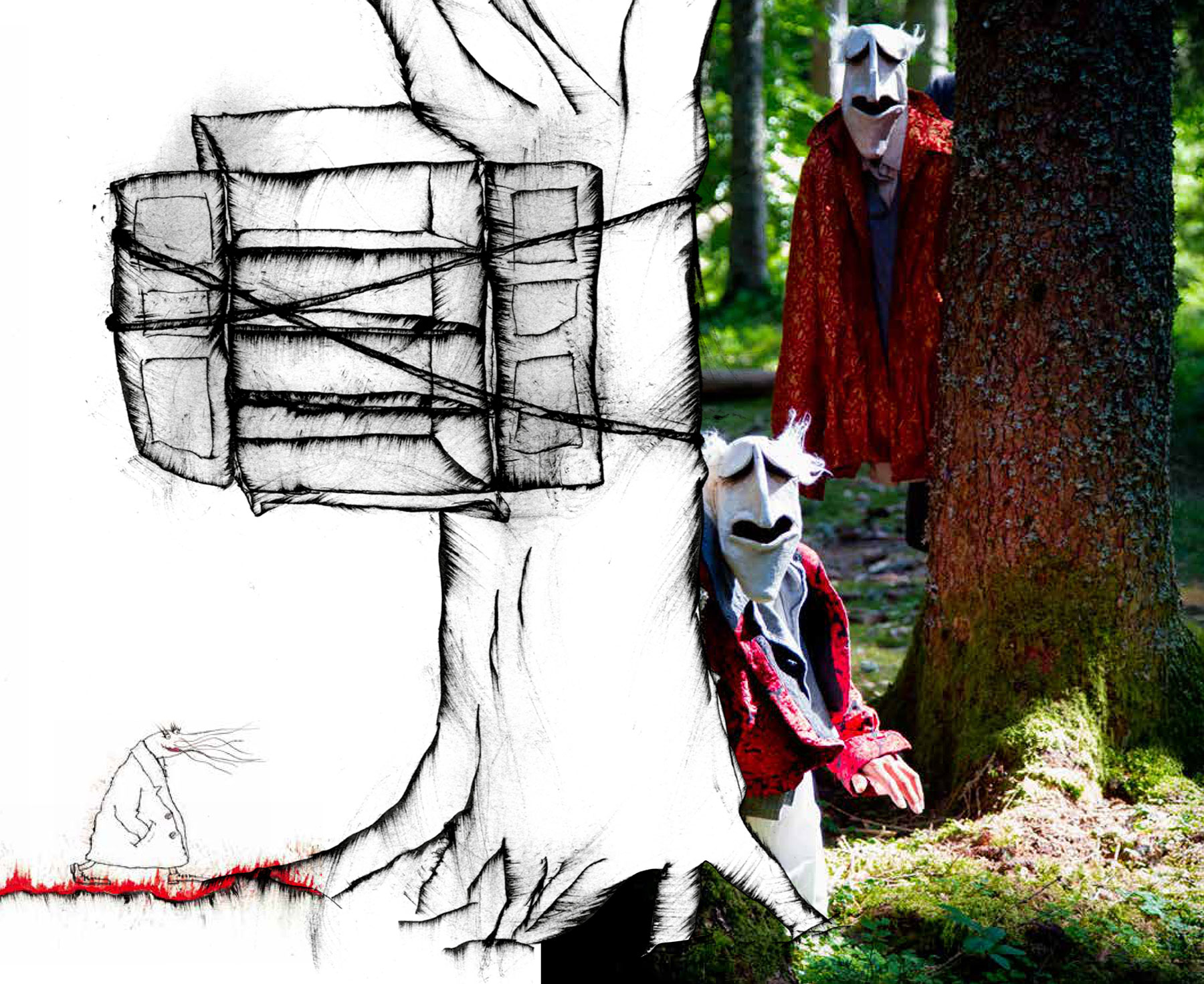 Le visuem est un composite d'un dessin à l'encre et d'une photographie. On y voit au dessin un arbre sur lequel est arrimé une armoire. En photo dans la forêt, 2 personnages portant un masque souple typique du style Turak, traits anguleux et géométriques, face pâle, et vêtus de capes rouges.