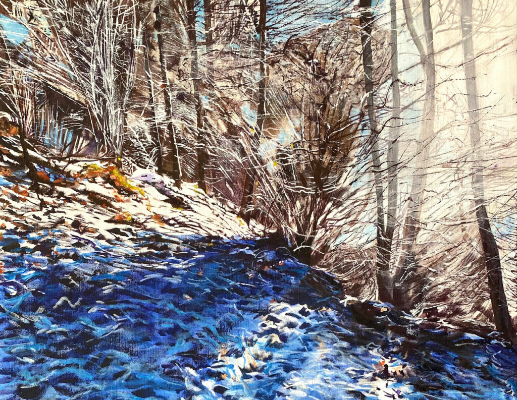 Extrait d'une oeuvre de Juliette Lamarca. Elle représente de façon très réaliste, avec un grand sentiment de profondeur, la forêt sous la neige.