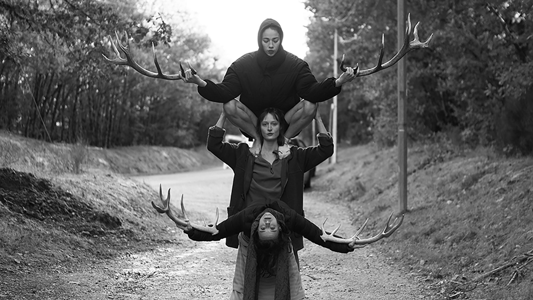 Ce visuel du spectacle "Faune" montre 3 femmes sur un sentier, sur les épaules les unes des autres, et qui tiennent dans leurs mains des bois de cerf.